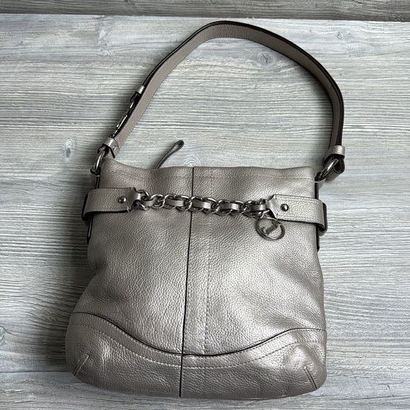 Coach Handbags - Coach metallic champagne silver pebbled leather chain duffle convertible handbag